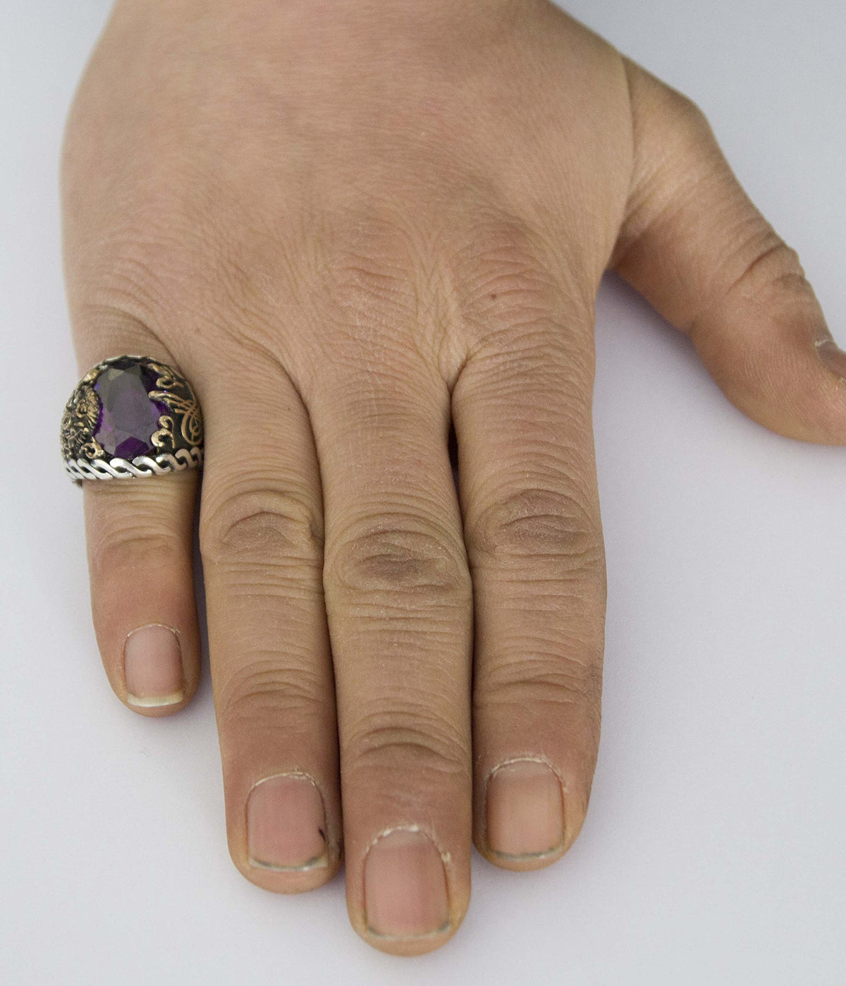 Ottoman Tughra Silver Men's Ring, Synthetic Amethyst Stone - Stylish and Timeless Design — 7