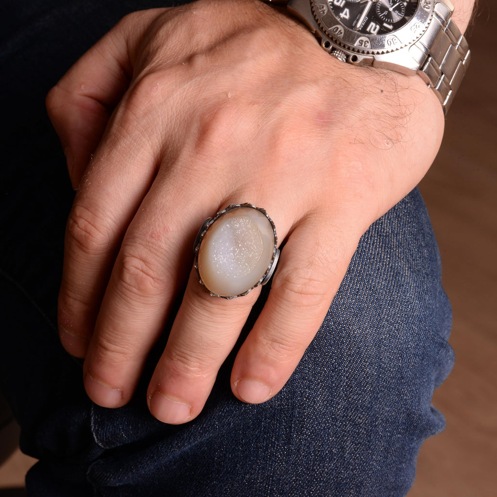 Kambo Men's Large 925 Sterling Silver Ring with Natural Druzy Quartz Stone: Akua, Green, Beige Options (Beige) — 3