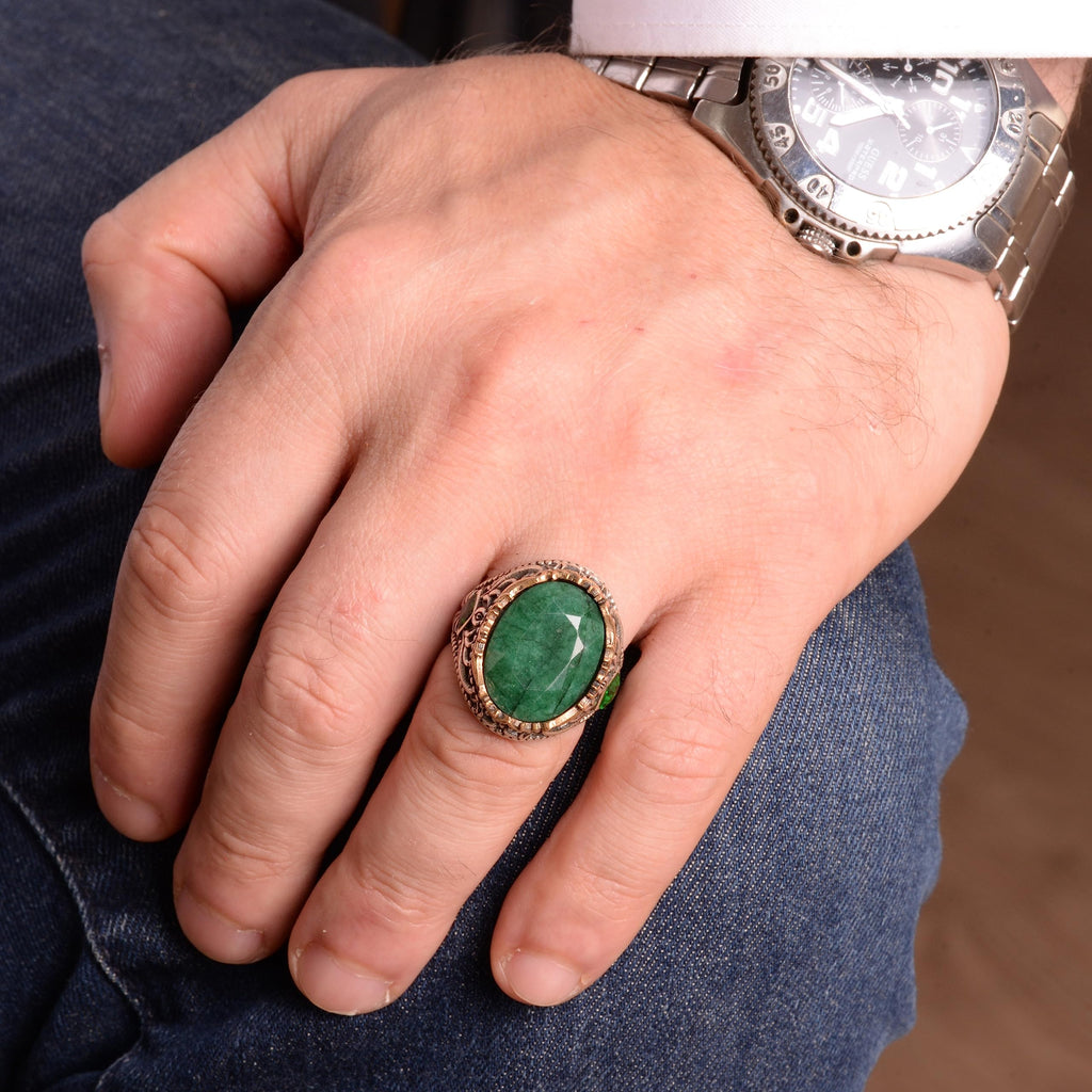 925 Sterling Silver Men's Ring, Natural Emerald Stone — 4