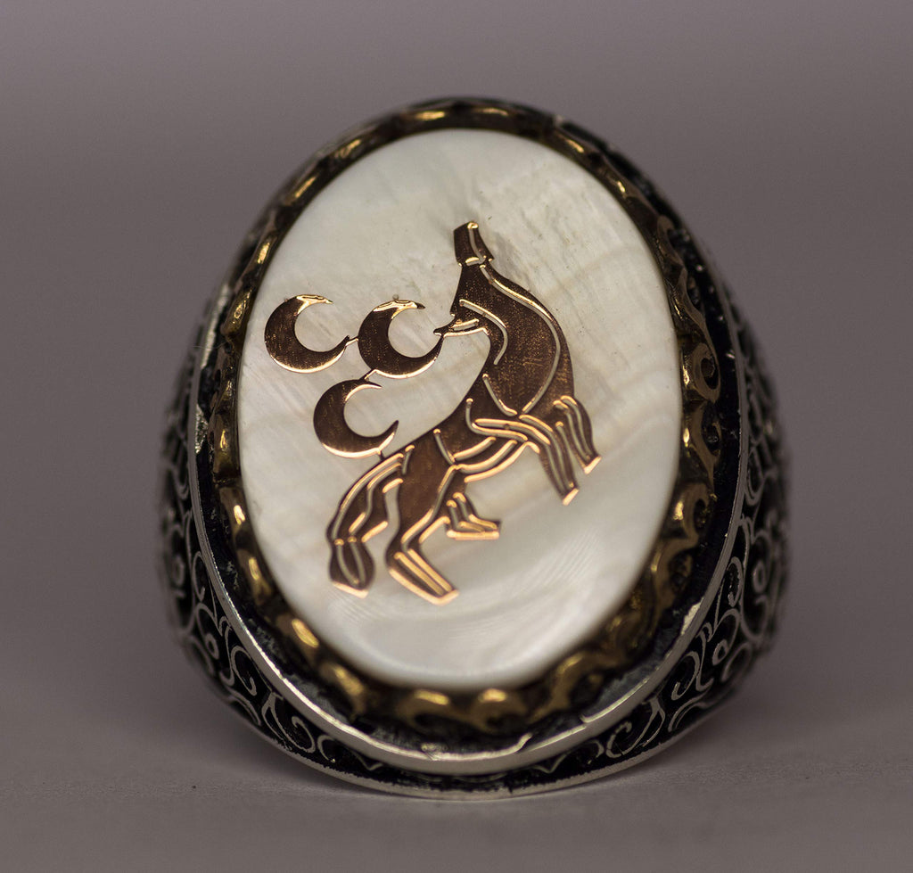 925 Sterling Silver Men's Ring - Wolf and Crescent Symbol, Embellished with Natural Stones — 4