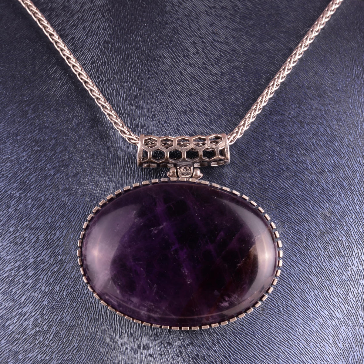 KAMBO Natural Stone Horizontal Large Men's Chain Necklace 925 Sterling Silver – Oval Stone Necklace (Amethyst) — 4