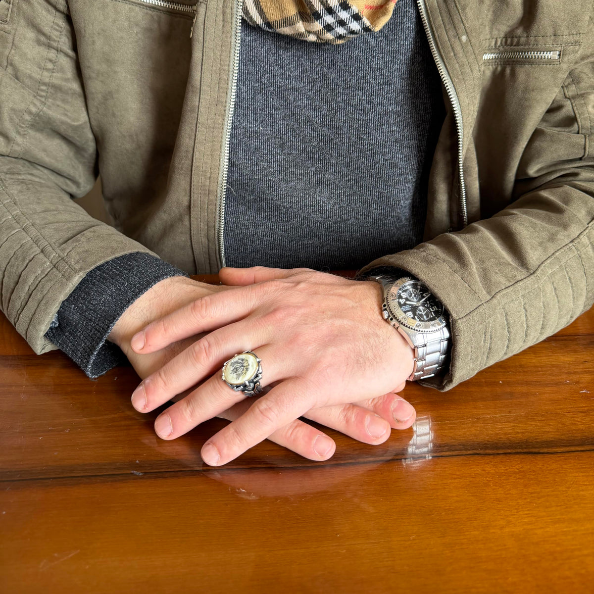 KAMBO Natural Stone Ring 925 Sterling Silver – Handmade Men's Statement Ring Healing Jewelry (Pearl-1 Seljuk Double-Headed Eagle) — 3