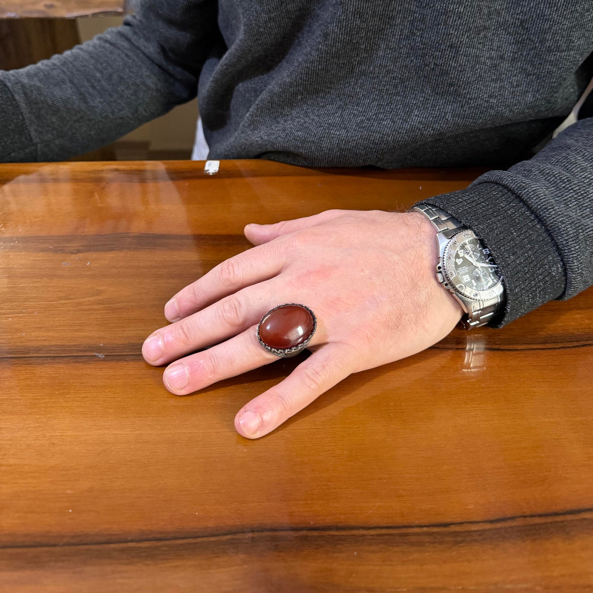 KAMBO Natural Red Agate Men's Ring 925 Sterling Silver - Large Oval Cabochon Statement Vintage Handmade Design — 3