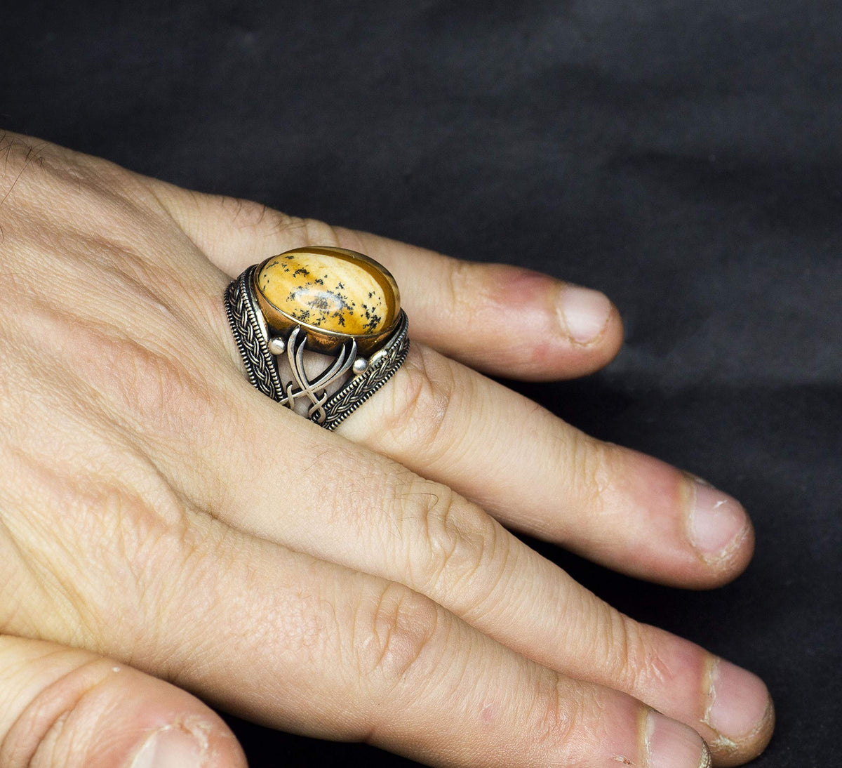 Handcrafted Silver Men's Ring | Natural Landscape Greenstone | Balance and Stability Design — 5