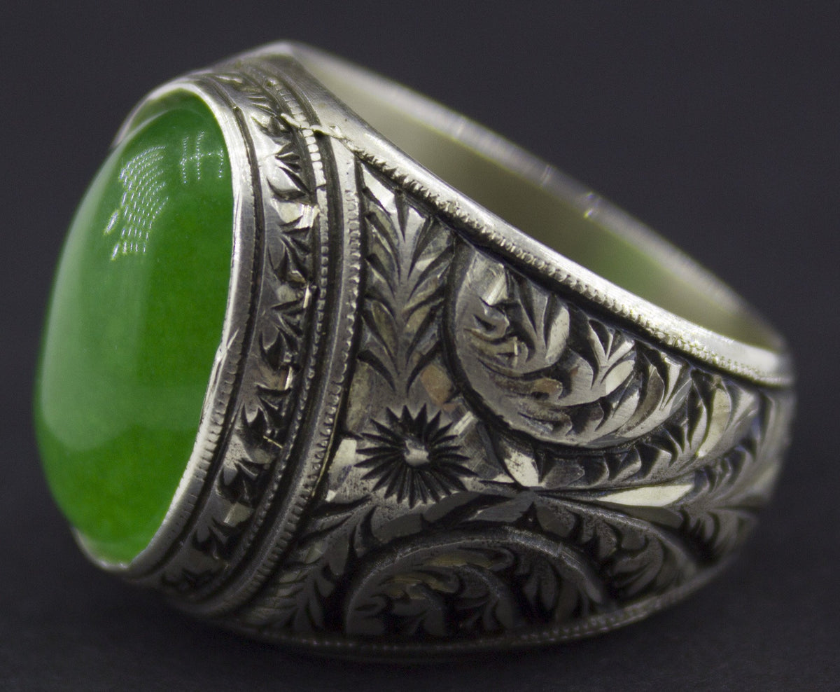 Falcon Jewelry Handmade Vintage 925 Sterling Silver Men's Ring with Natural Jade Gemstone, Byzantine Leaf and Botanical 