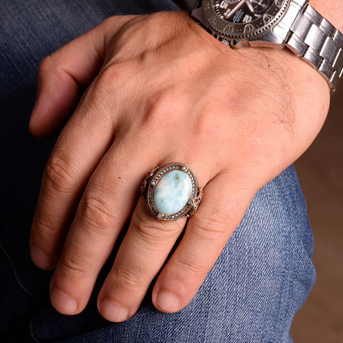 Natural Larimar Stone Men's Ring — 3