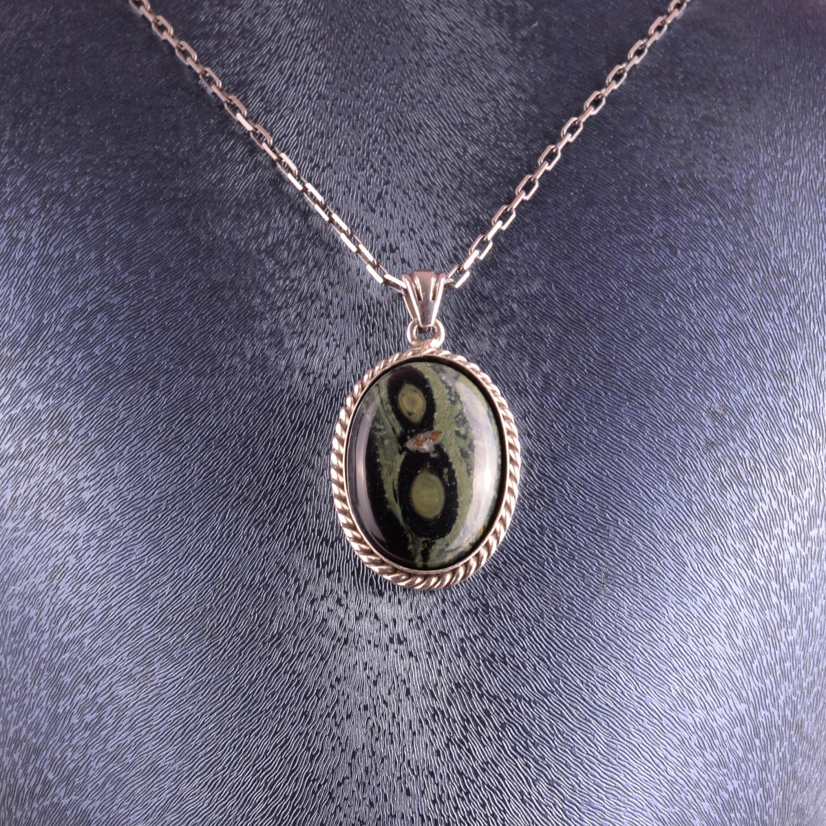 KAMBO Natural Stone Chain Unisex Necklace 925 Sterling Silver – Handmade Oval Description Necklace (Green Eye) — 3