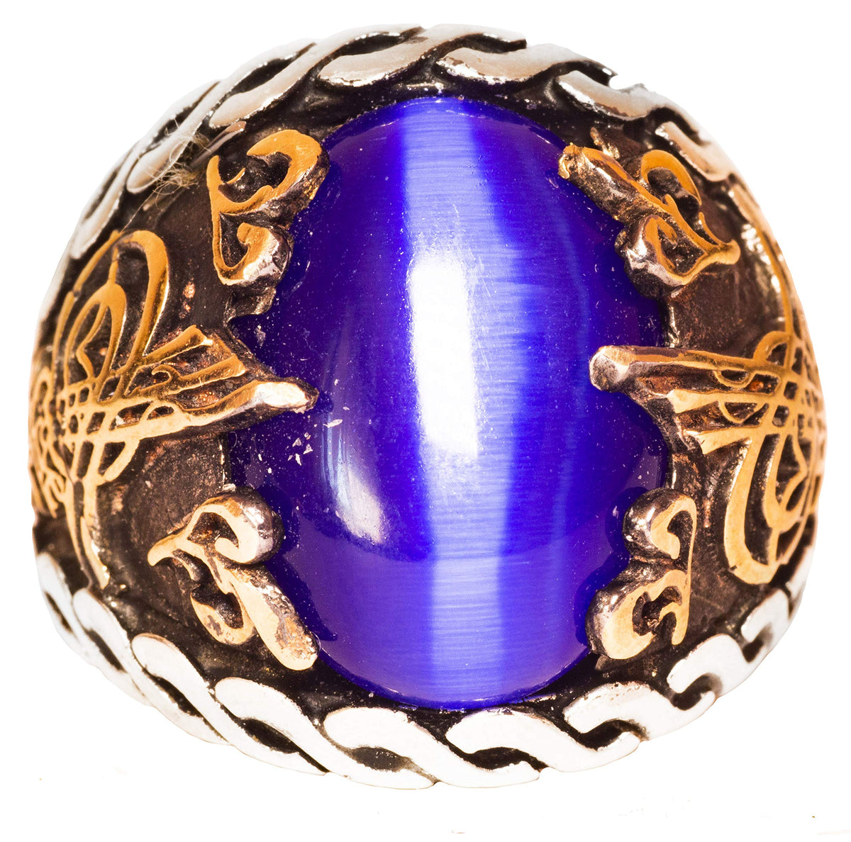 925 Sterling Silver Men's Ring - Ottoman Tugra Design, Blue Tiger Eye Stone