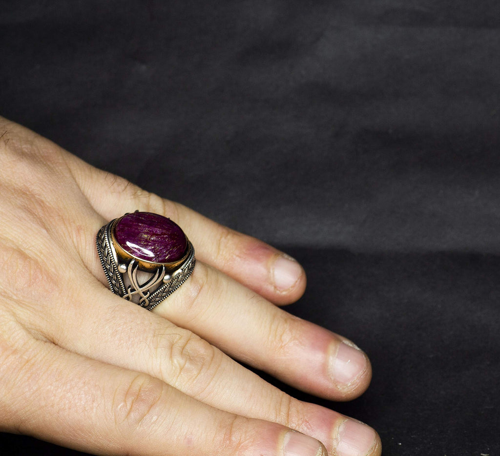 Natural Stone Ring - Silver Men's Handmade Sword Ring (Cabochon Red Ruby) — 5