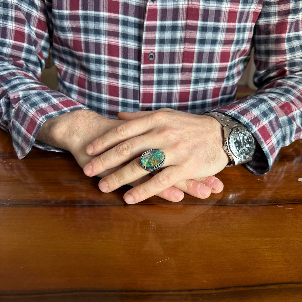 KAMBO Natural Turquoise Stone Large Men's Ring 925 Sterling Silver Oval Cabochon Ottoman Tugra Engraved Handmade Statement Ring (Turquoise-1) — 3