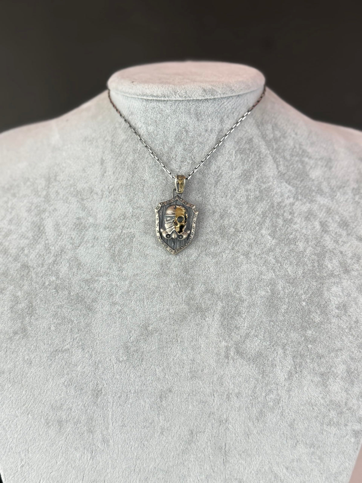 KAMBO 925 Sterling Silver Post-Apocalyptic Skull Necklace - Chain Gas Mask Warrior Shield Pendant - Handmade Gothic Men's Jewelry (Gold Plated) — 3