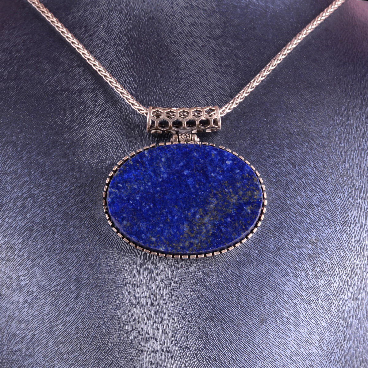 KAMBO Natural Stone Horizontal Large Men's Necklace Chain 925 Sterling Silver – Oval Stone Necklace (Lapis Lazuli) — 3