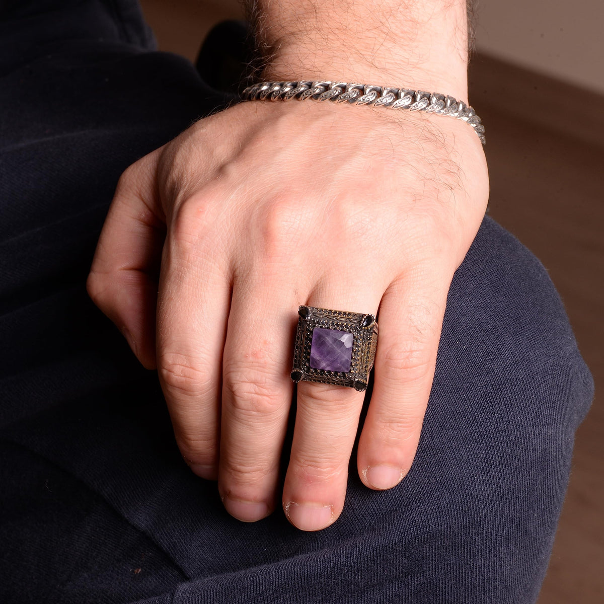 Natural Amethyst Ring, 925 Sterling Silver — 3