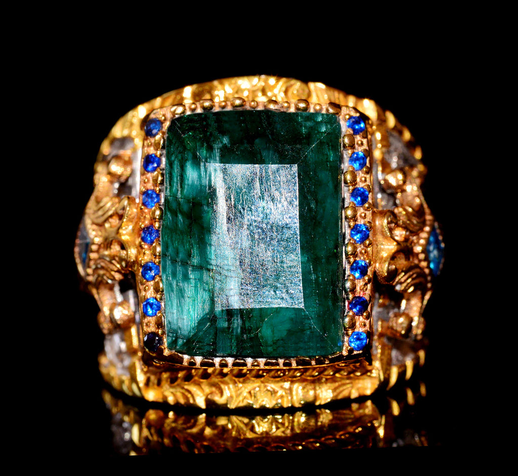 925 Sterling Silver Men's Ring, King Ring, Natural Rectangular Emerald Stone — 8