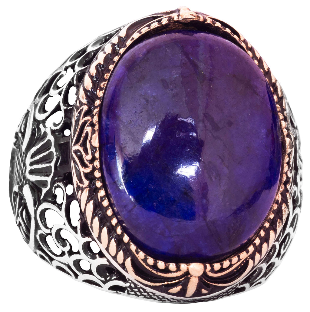 KAMBO Men's Handmade 925 Sterling Silver Ring with Natural Cabochon Sapphire Gemstone, Islamic Religious Design, Vintage