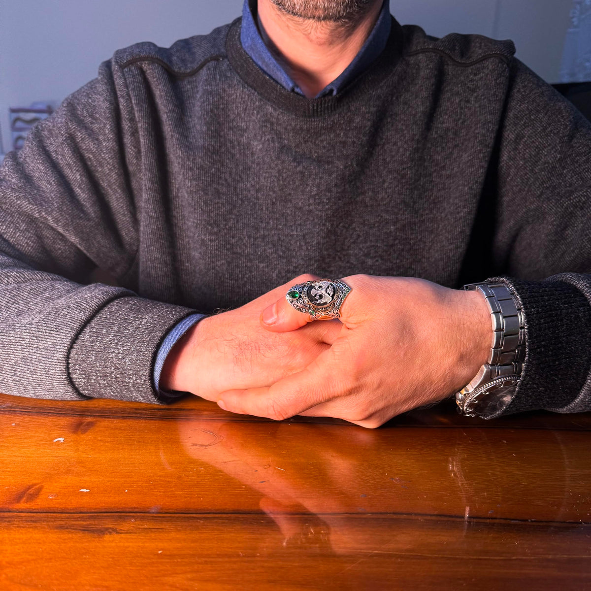 KAMBO Seljuk Double-Headed Eagle Archer Ring – Men's Design Topaz Large Ring – 925 Sterling Silver Handmade Sejuk Symbol (Green Topaz) — 3