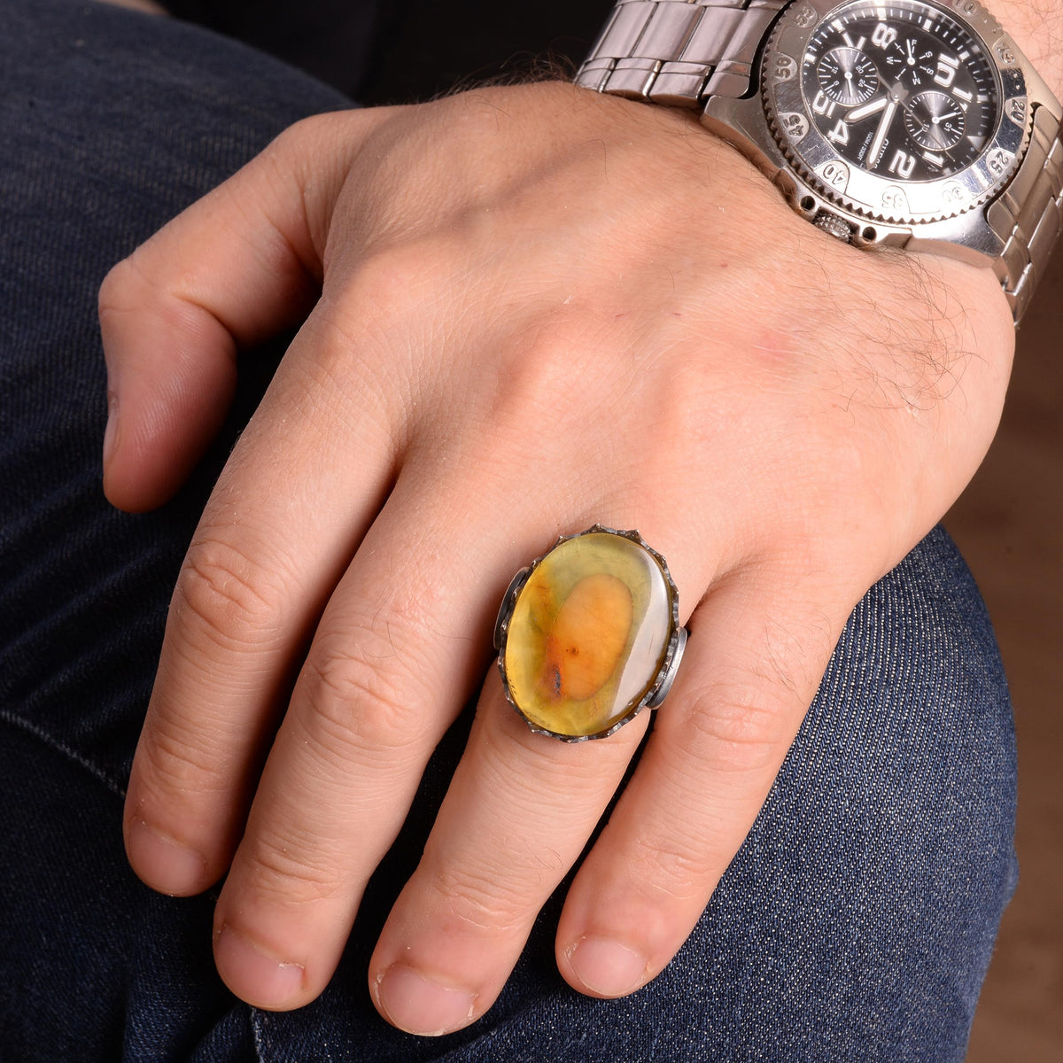 Natural Nobility Big Ring Collection: 925 Sterling Silver Men's Ring - Amber Stone — 3