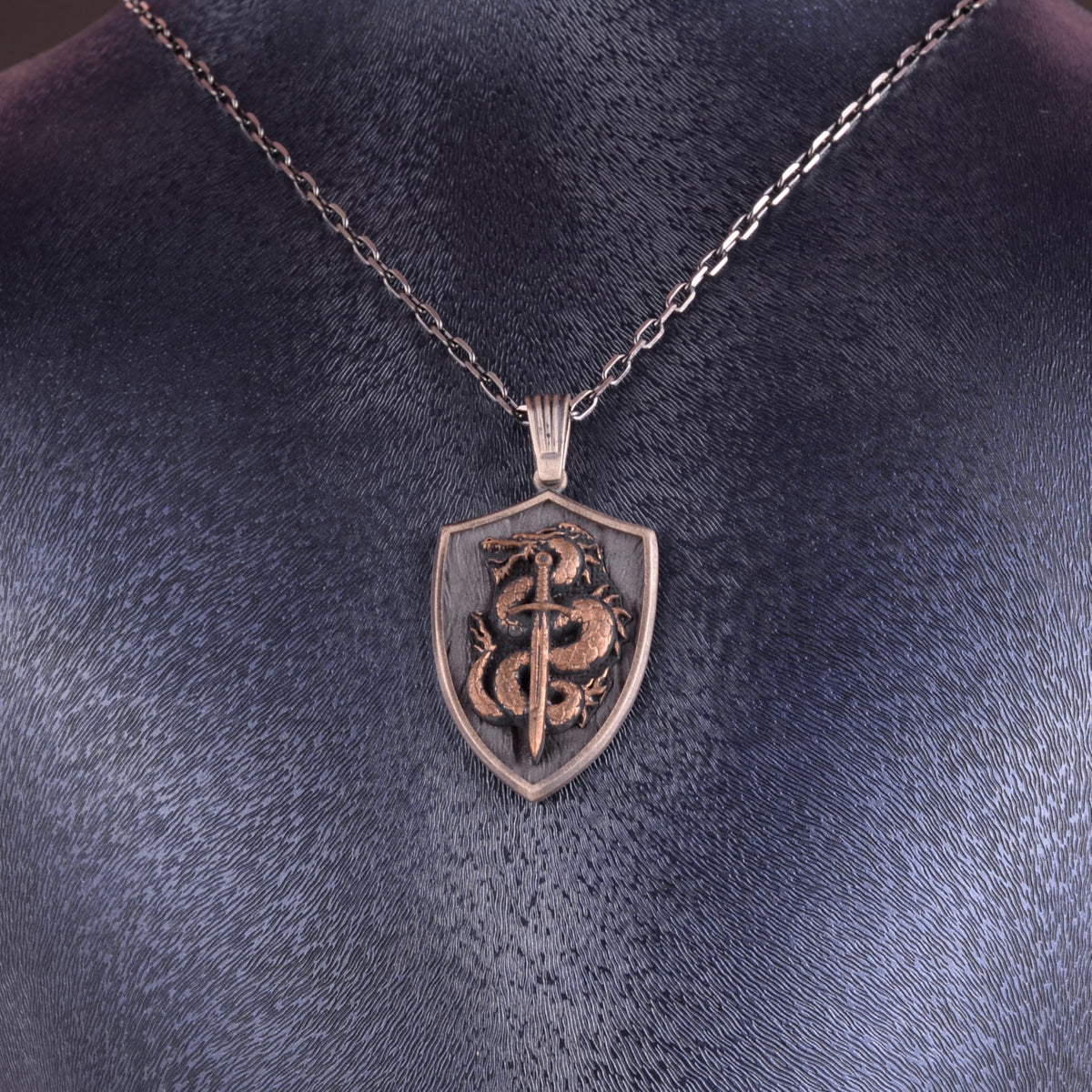 KAMBO 925 Sterling Silver Gold Plated Dragon Shield Necklace with Chain – Sword and Dragon Necklace – Medieval Fantasy Jewelry – Handmade Statement Necklace – Gift for Her — 3