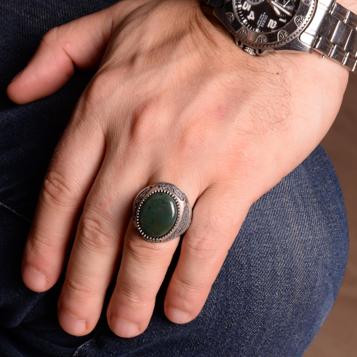 Natural Blood Stone Ring - Handmade Islamic Ring - 925 Sterling Silver — 5