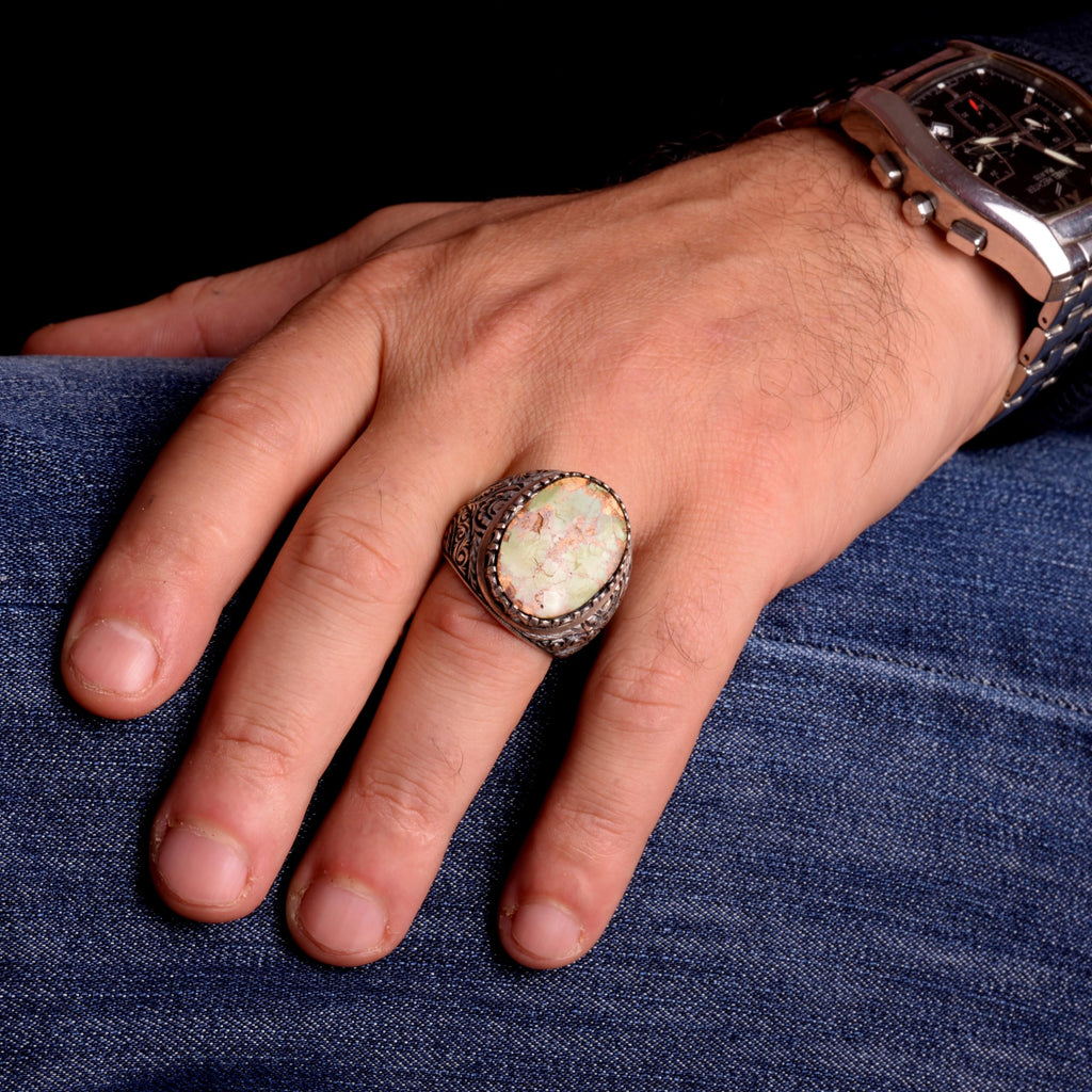 KAMBO Genuine Arizona Turquoise Ring - Elegant Handmade 925 Sterling Silver Ring for Men - Unique Natural Gemstone Jewel