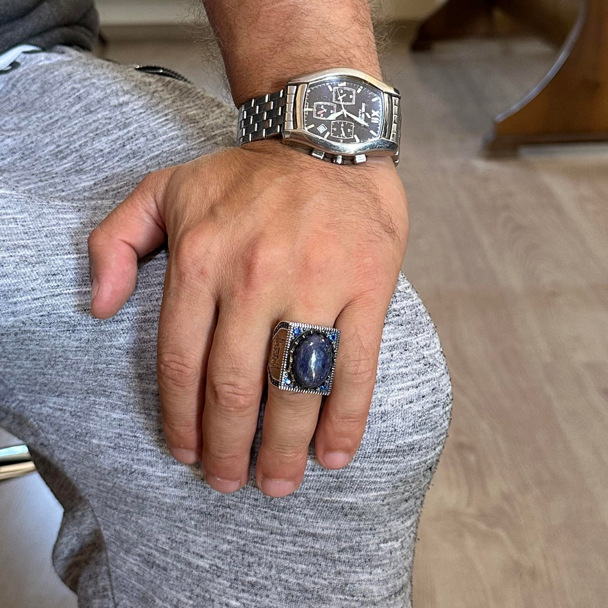 Natural Stone Ring - 925 Sterling Silver Islamic Ring - Handmade Calligraphy Ring (Lapis Lazuli) — 3