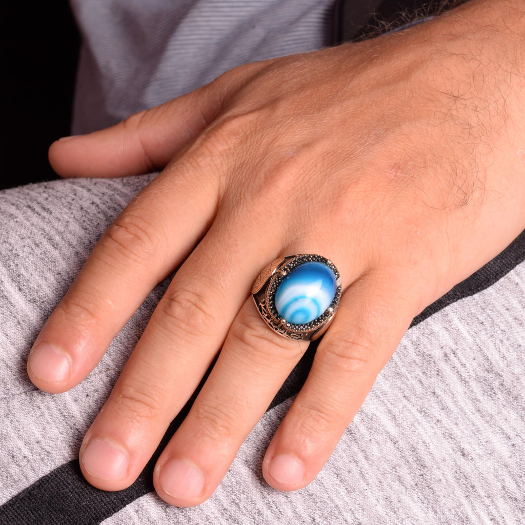 Natural Blue Agate Stone Ring - 925 Sterling Silver Men's Ring — 4