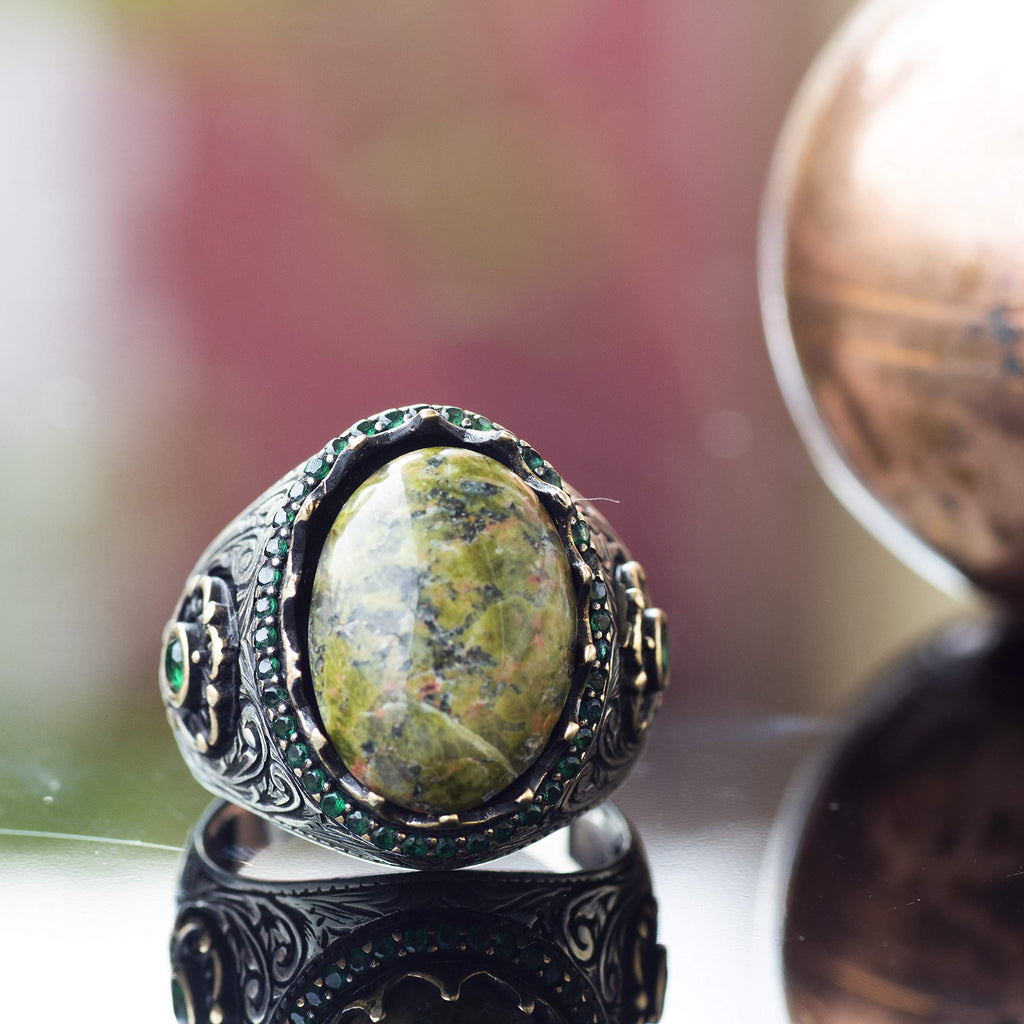 Handmade Silver Men's Ring, Natural Unakite Stone — 4