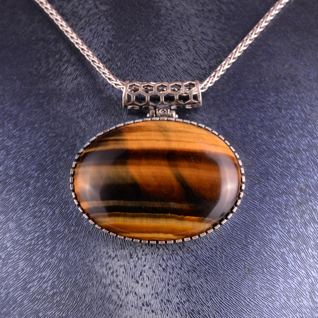 KAMBO Natural Stone Horizontal Large Men's Chain Necklace 925 Sterling Silver – Oval Stone Necklace (Tiger's Eye) — 3