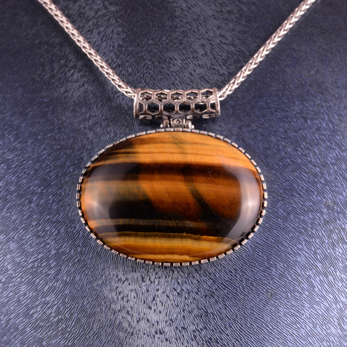 KAMBO Natural Stone Horizontal Large Men's Chain Necklace 925 Sterling Silver – Oval Stone Necklace (Tiger's Eye) — 3
