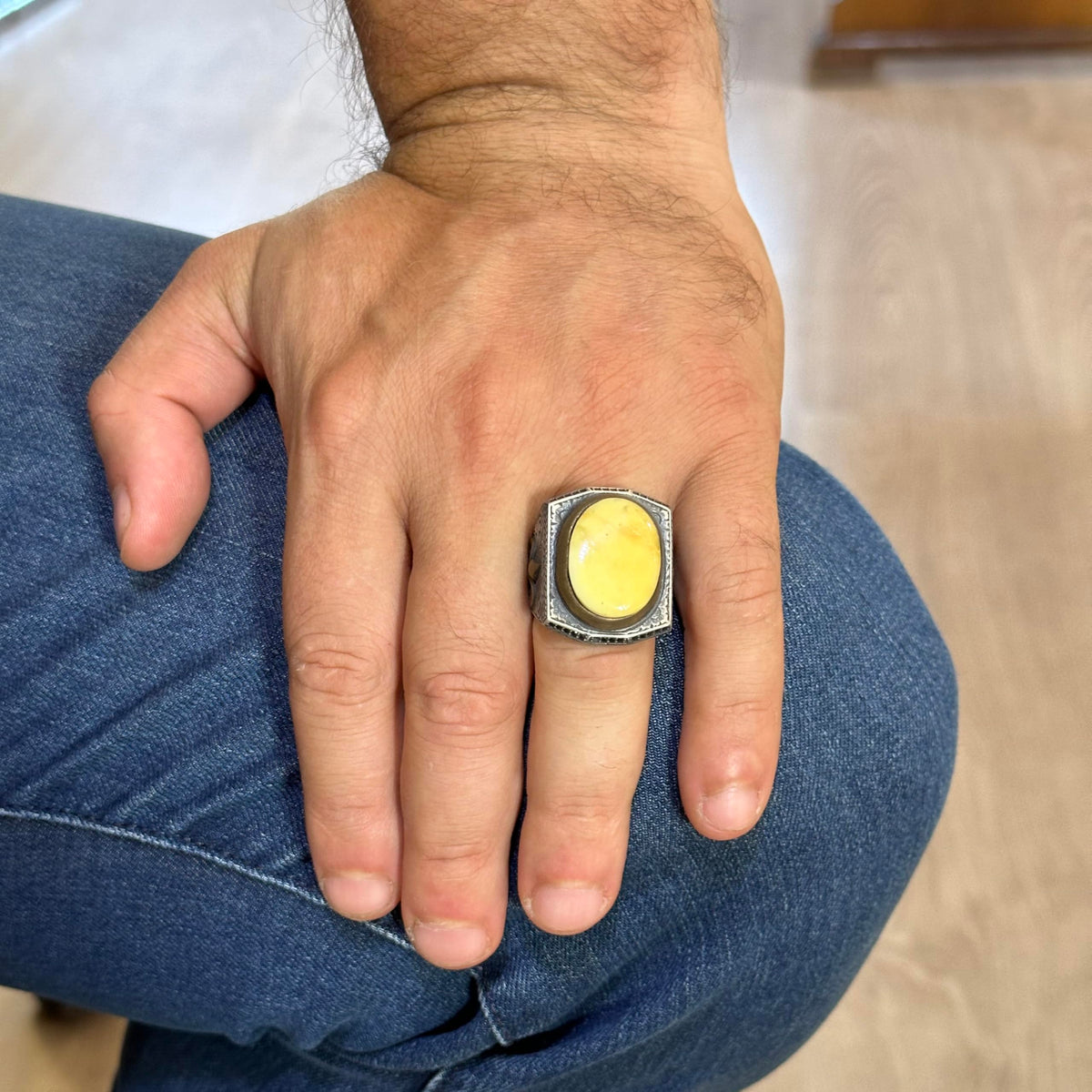 925 Sterling Silver Men's Large Ring - Real Natural Amber Stone - Zulfiqar Sword Symbol — 3