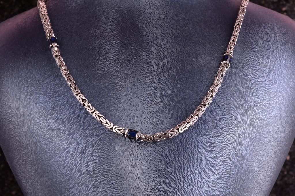 KAMBO Blue Sapphire Men's Creation – 925 Sterling Silver Byzantine Style Geometric Pattern Chain Bracelet and Necklace Set – Handmade Vintage Masculine Jewelry (Bracelet) — 3