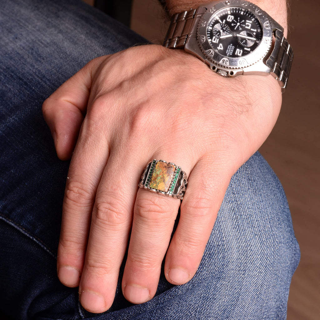 Silver Men's Ring, Natural Arizona Turquoise Stone Ring — 6