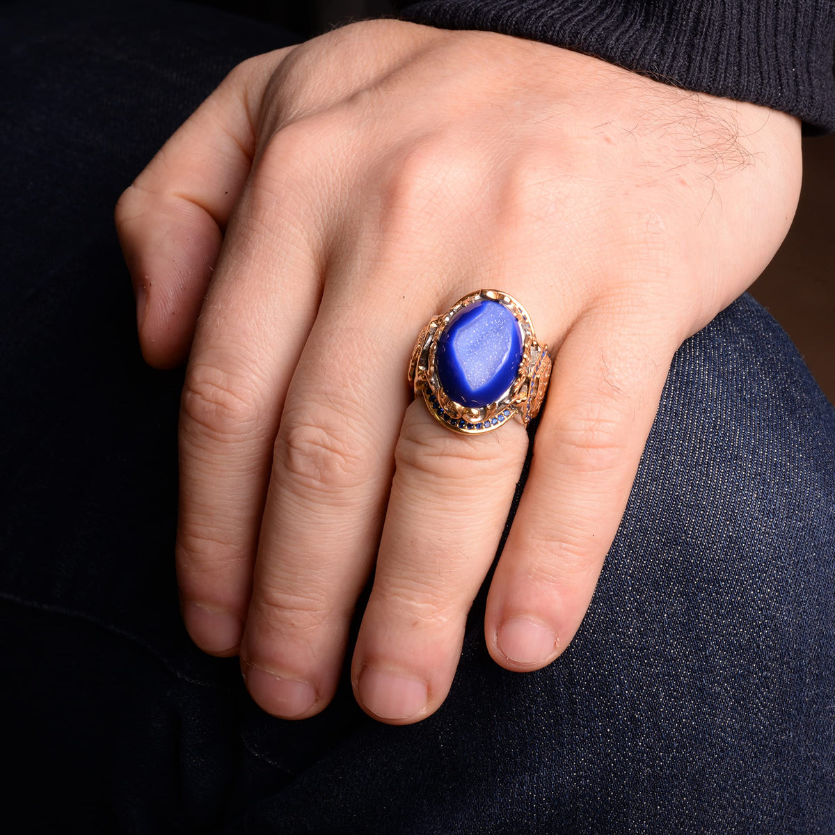Handmade 925 Sterling Silver Ring with Dark Blue Natural Druzy Quartz — 6