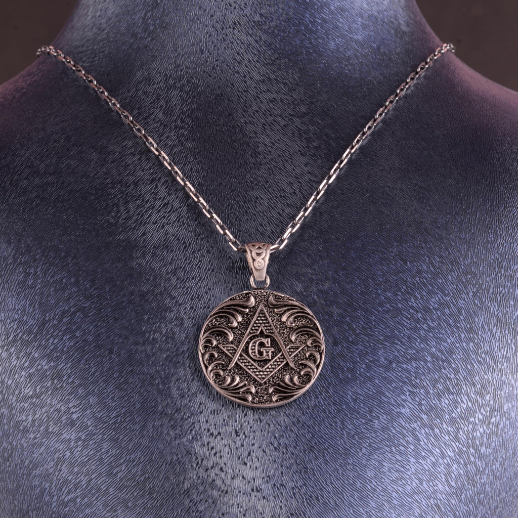 KAMBO Antique Masonic Necklace – 925 Sterling Silver Mason Symbol Vintage Style Round Pendant Jewelry — 3