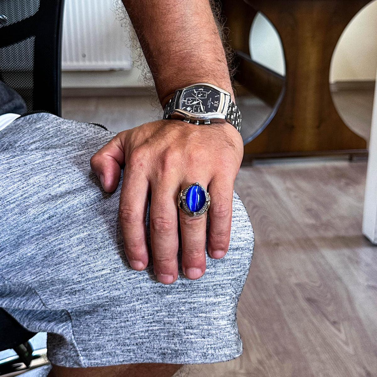 925 Sterling Silver Men's Ring, Blue Cat Eye Stone, Handmade Vintage Design Ring — 2