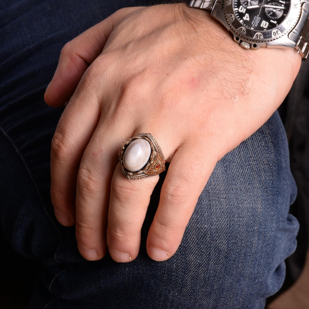 925 Sterling Silver Natural Yemeni Agate Stone Men's Ring - Handmade King Ring, Unique Design — 3