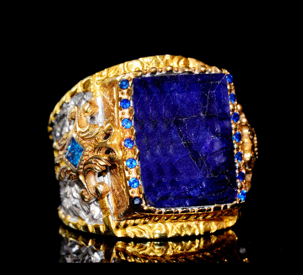 925 Sterling Silver Men's Ring, King Ring, Natural Sapphire Rectangular Gemstone — 3