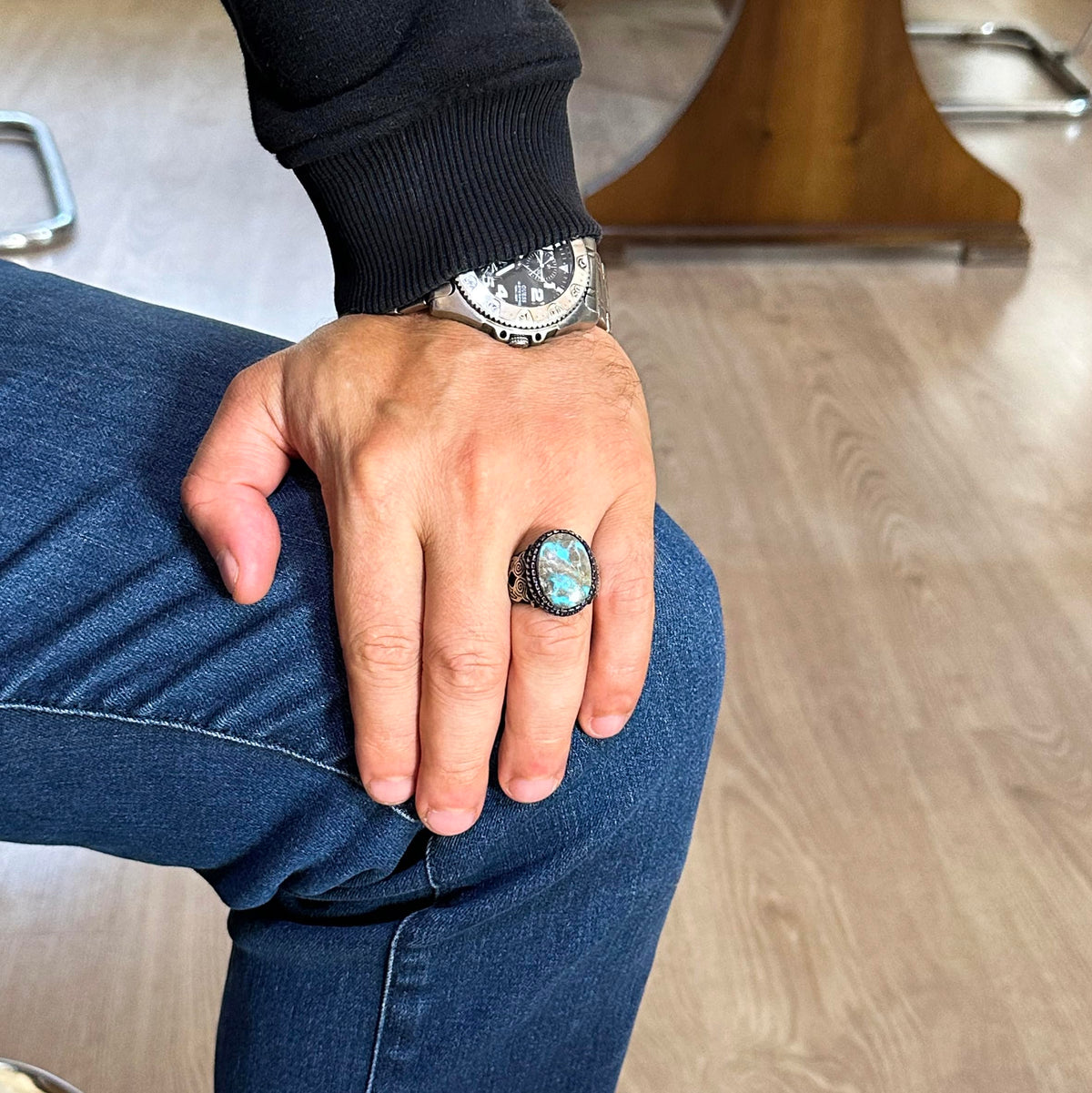 Natural Arizona Turquoise Owl Figure Silver Men's Ring — 3