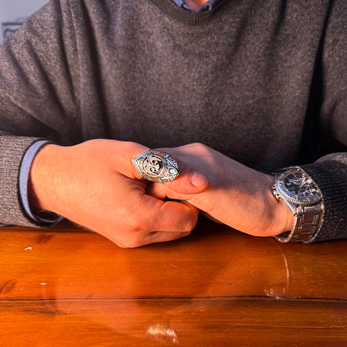 KAMBO Seljuk Double-Headed Eagle Archer Ring – Men's Design Topaz Large Ring – 925 Sterling Silver Handmade Sejuk Symbol (Blue Topaz) — 3