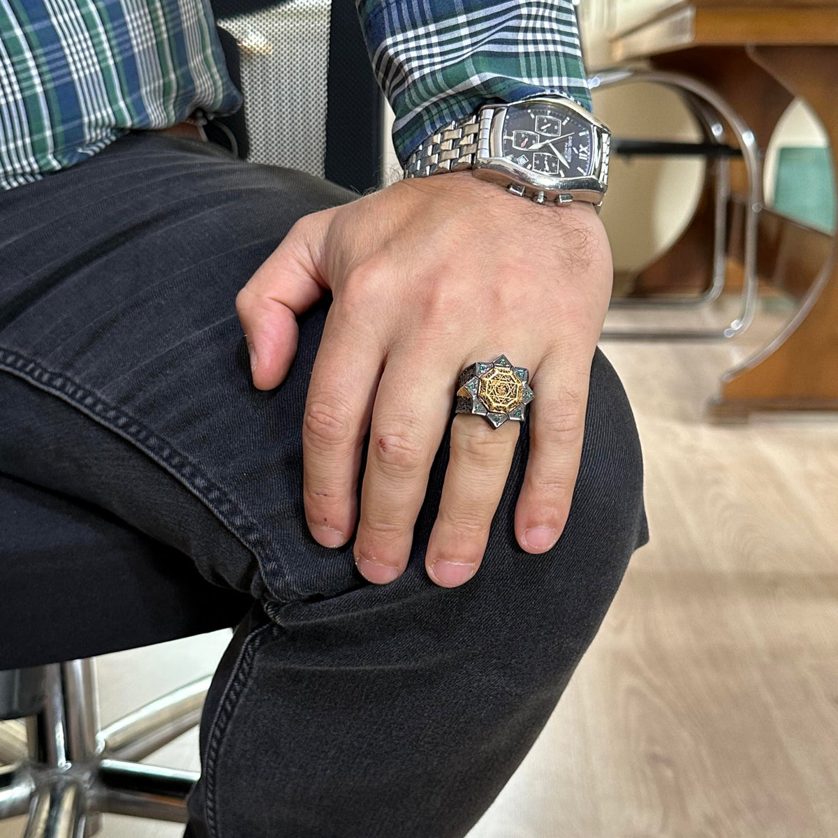 Handmade 925 Sterling Silver Men's Ring - Star of David and Seal of Solomon Design (Green Zircon) — 2