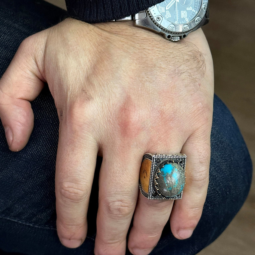 KAMBO 925 Sterling Silver Men's Ring with Natural Turquoise Stone, Handmade Vintage Square Design Gemstone Statement Rin