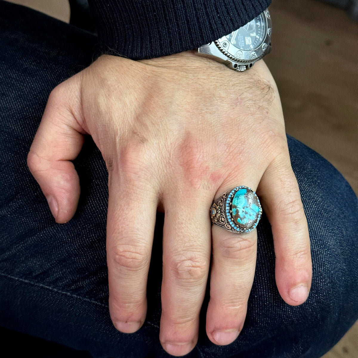 Handmade Natural Arizona Turquoise Stone Ring, 925 Sterling Silver Ring — 3