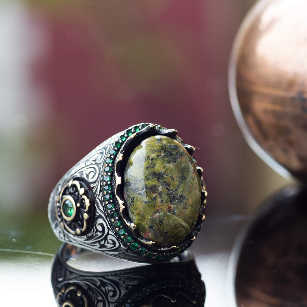 Handmade Silver Men's Ring, Natural Unakite Stone — 2