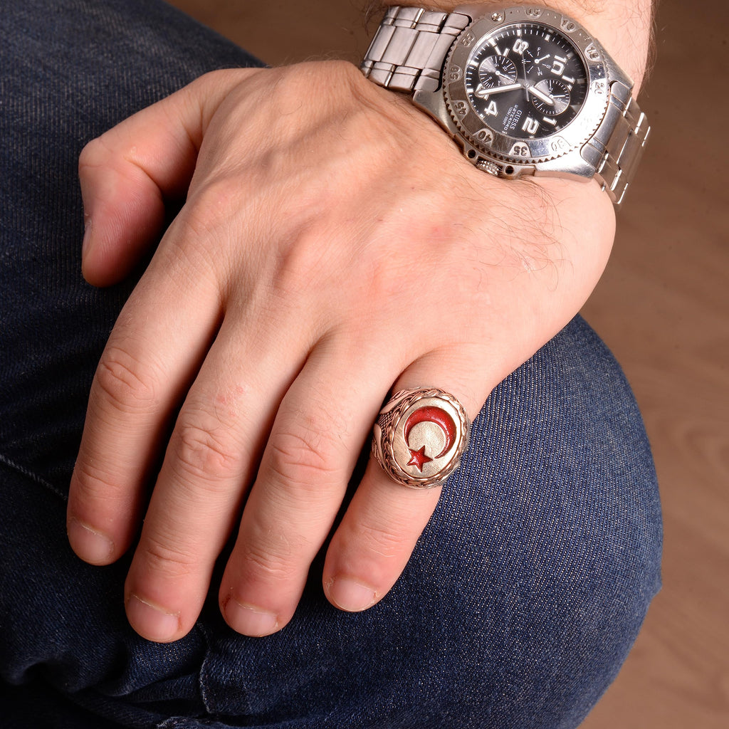 925 Sterling Silver Men's Ring, Ottoman Style Turkish Ring, Bronze Crescent and Star Stone Design — 6