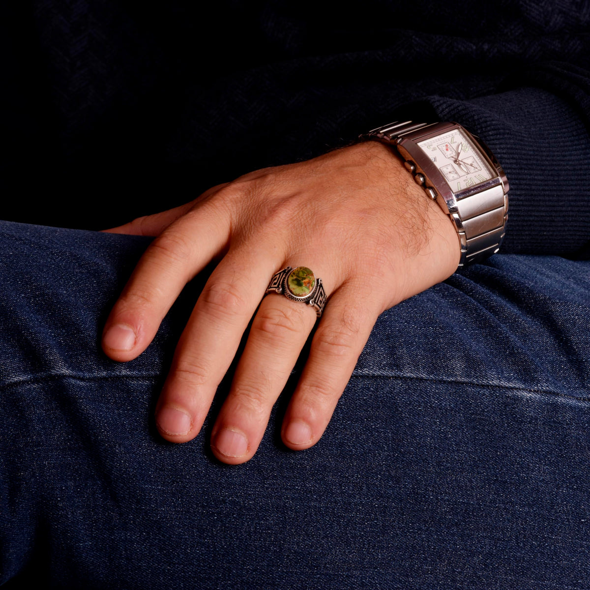 Natural Arizona Turquoise Stone Ring, 925 Sterling Silver Men's Ring (Model-2) — 3