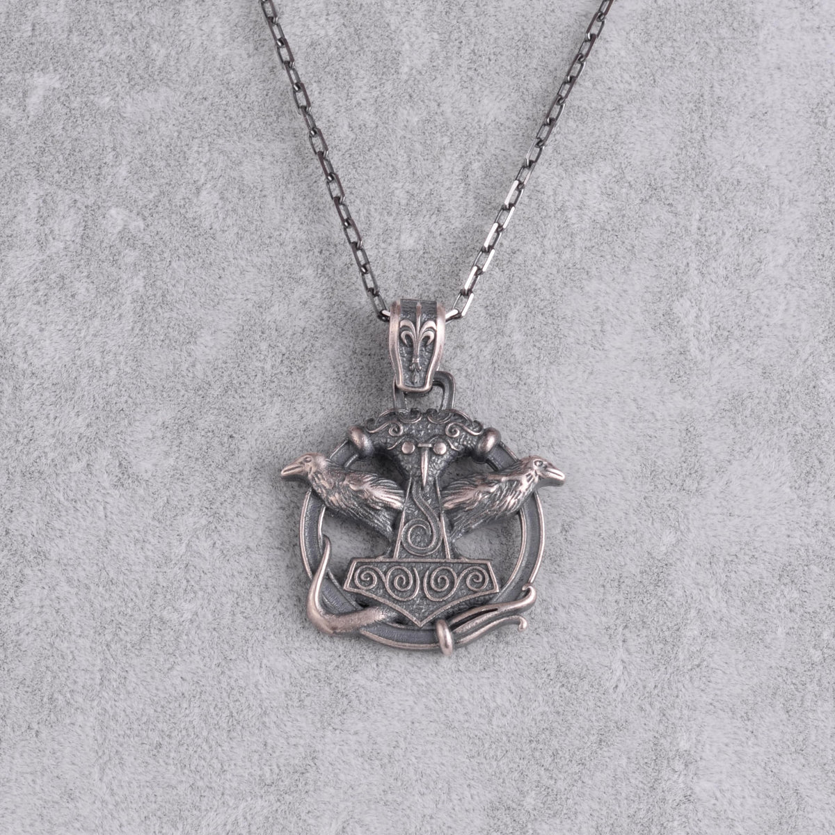 KAMBO 925 Sterling Silver Odin's Ravens Necklace – Huginn & Muninn Viking Mjölnir Protection Amulet (Silver) — 4