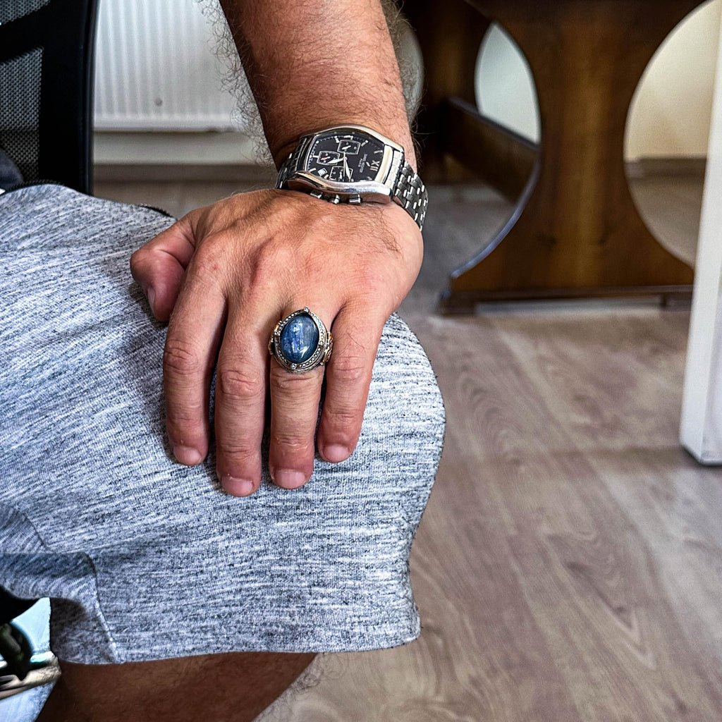 925 Sterling Silver Ring, Handmade Men's Ring with Natural Kyanite Stone, Vintage Design — 3