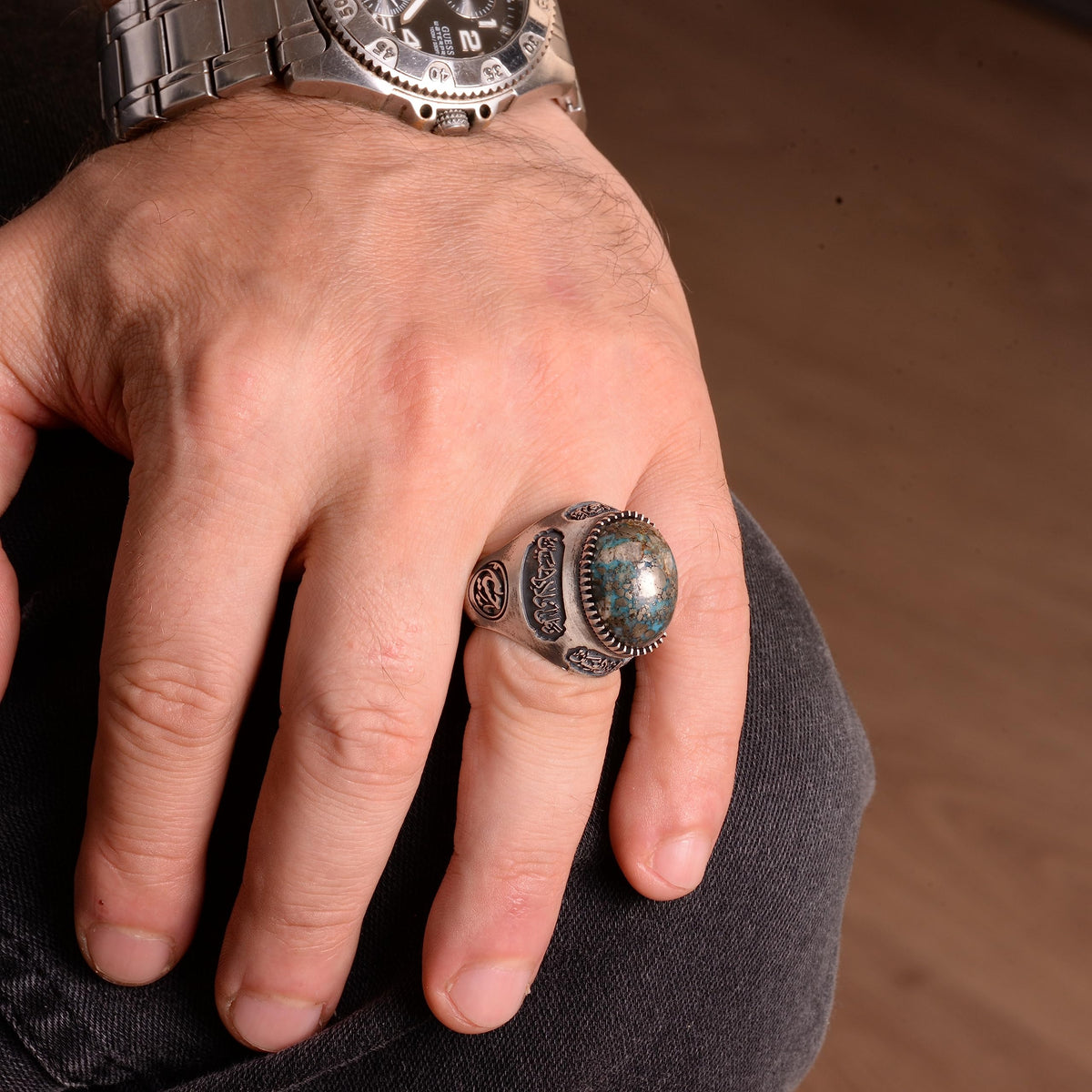 Handmade 925 Sterling Silver Ring with Natural Turquoise Stone and Islamic Calligraphy - Men's Jewelry — 7