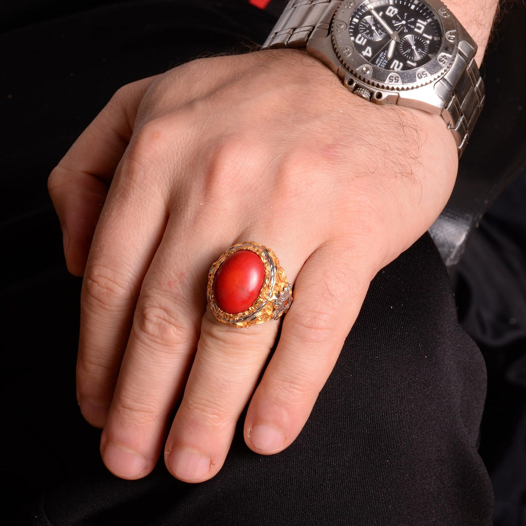 Natural Coral Stone Ring, 925 Sterling Silver — 3