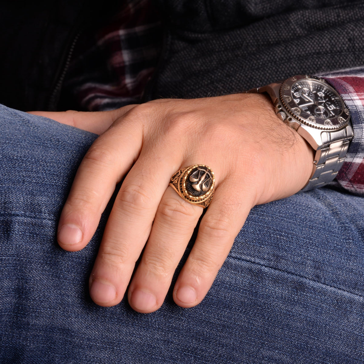 925 Sterling Silver Ring, Gold Plated - Symbol Ring - Men's Ring (Libra) — 3